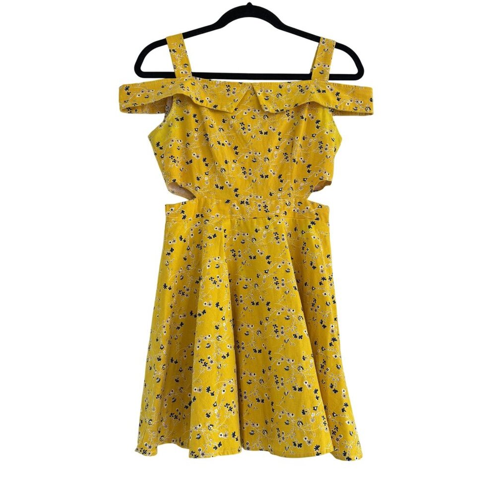 Stone Flower Womens Yellow Floral Print Cold Shoulder Mini Dress Size M
